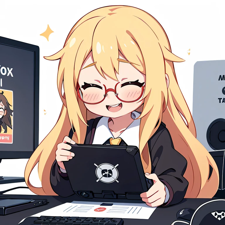 jovem anime, cabelo loiro longo, nerd, round glasses, roupa de bruxa, rindo, caricature expression, olhos fechados, cartazes, computador, pc para jogos, Controlador de videogame, fundo branco