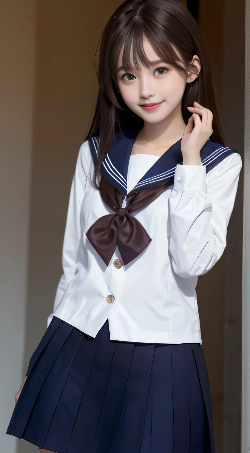 (15 year old girl), (medium breasts), (Japan Schoolgirls), (white teeth), (smile:1.2), (laughter:1.2), (brown hair:1.4), (bright hair), dull bangs, hair behind the ear, shoulder hair, (black eye), (Big eyes:1.2), (long hair), ( slender body shape), delicate lips, (beautiful eyes), light blush, brown eyes, (shiny skin, perfect skin :1.3), (sailor suit:1.3, Flared skirt in navy blue)