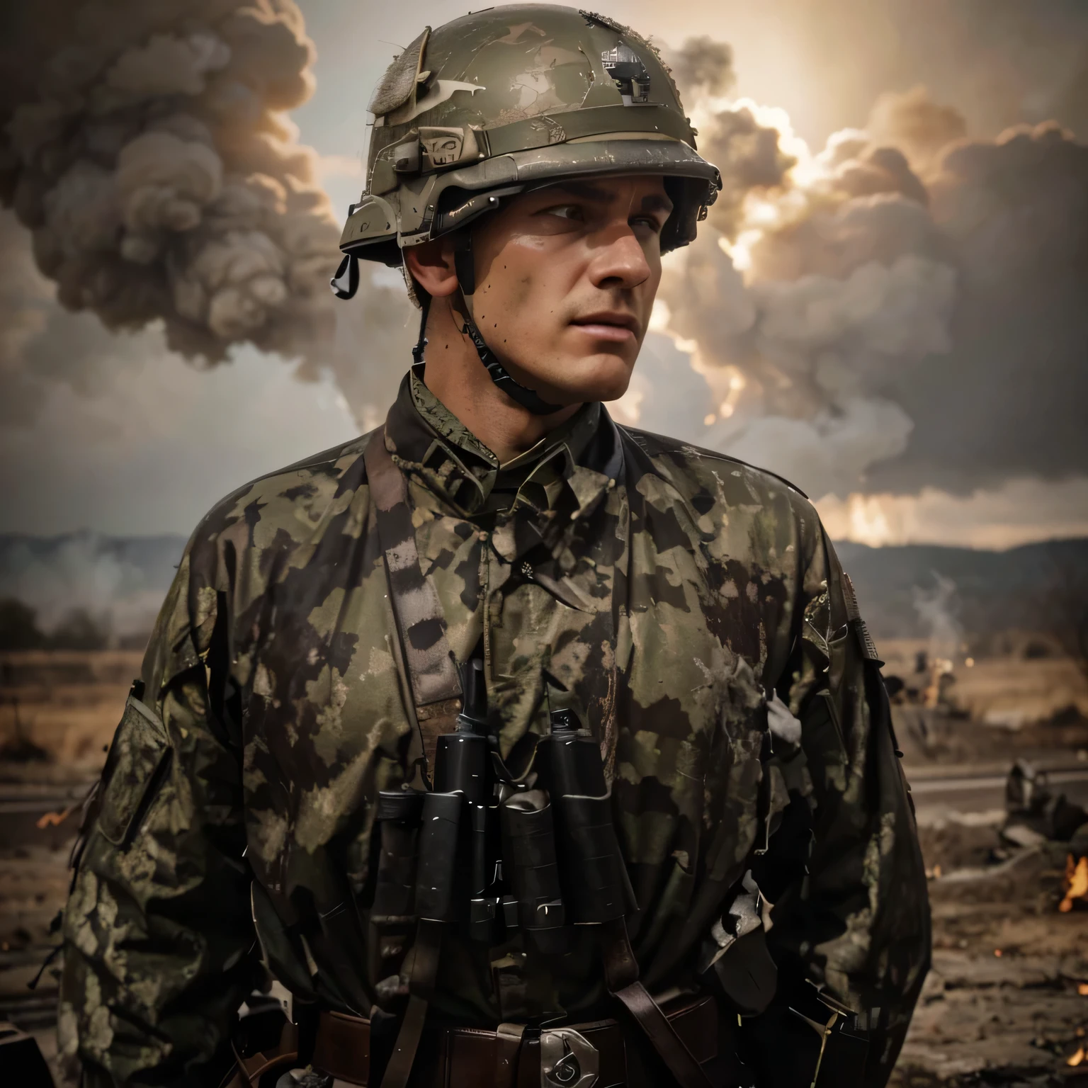 Soldado masculino, cara estereotipada alemana, serious expression, casco de metal gris, German WWII style., WWII German Style Gray Cloth Military Paratrooper Uniform, guantes de cuero negro, ammunition belt with holster, botas militares negras, sosteniendo un rifle, is on a battlefield, mucho fuego, explosiones y humo, ultra detallado, hyper Realista, 4k, ultra detallado image, Realista, Muy detallado, perfect composition, gorgeous, Intrincadamente detallado, incredibly detailed, 8 k artistic photography, hiper detallado, obra maestra, ultra detallado, hyper Realista, 4k, ultra detallado image, Realista, muy detallado, perfect composition, gorgeous, Intrincadamente detallado, incredibly detailed, 8 k artistic photography, hiper detallado, obra maestra