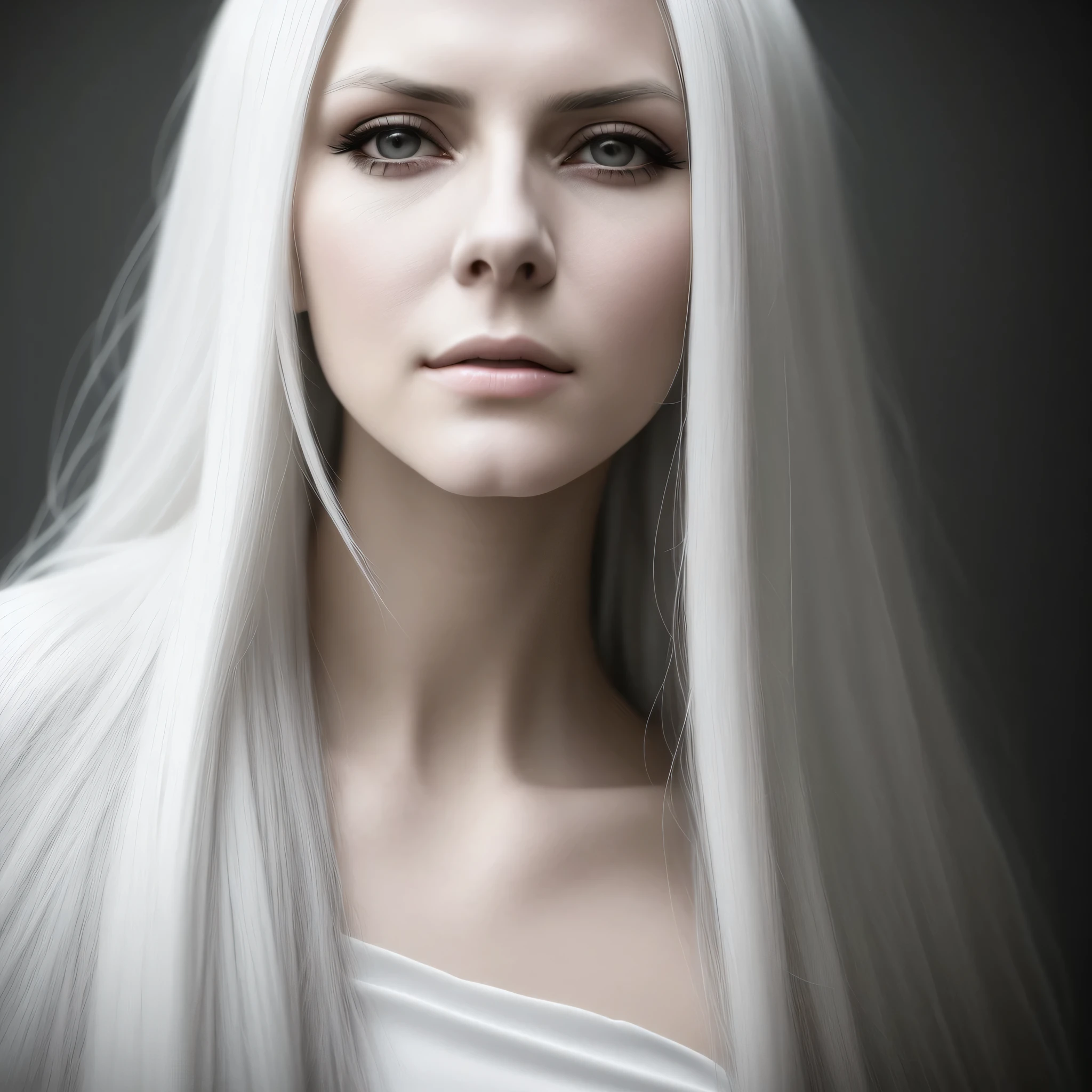 Close up of woman with long white hair and white shirt, girl with white hair, intense white hair, perfect gray hair girl, dark fantasy portrait, modeling photograph Kerli Coif, dramatic portrait, dark portrait, gray hair, portrait of an evil girl, Kerli Coif, gray hair lady, woman threatening, portrait of a sinister girl, Fantasy genre portrait