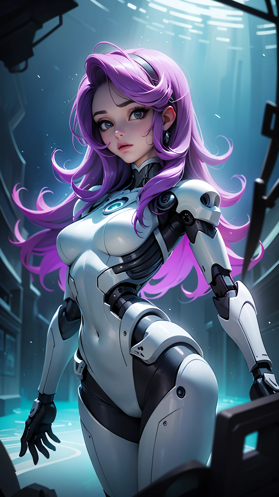 (La mejor calidad,A high resolution,Ultra - detallado,actual),Ariana Grande hermosa chica blanca cyborg esqueleto, esqueleto ciberpunk, portrait of a cybernetic skeleton, cyborg - chica con cabello plateado, beautiful chica cyborg, (chica cyborg:1.4), Mujer humanoide, hermosa chica cyborg, (She has a beautiful bone structure:1.4),,More detailed 8K.motor irreal:1.4,UHD,La mejor calidad:1.4, fotorrealista:1.4, textura de la piel:1.4, obra maestra:1.8,obra-prima, mejor calidad,objeto Objeto], (detailed face features:1.3),(Las proporciones correctas),(convexo Dedos detallados),(Ojos hermosos azules), (pose vaquero) , (fondo ciudad Tokio cyberpunkAI:1.4), (It has a transparent body inside, purple metallic cybernetic skeleton:1.4), (fondo laboratorio de atlantis:1.4) , (cuerpo transparente vidrio violeta), 