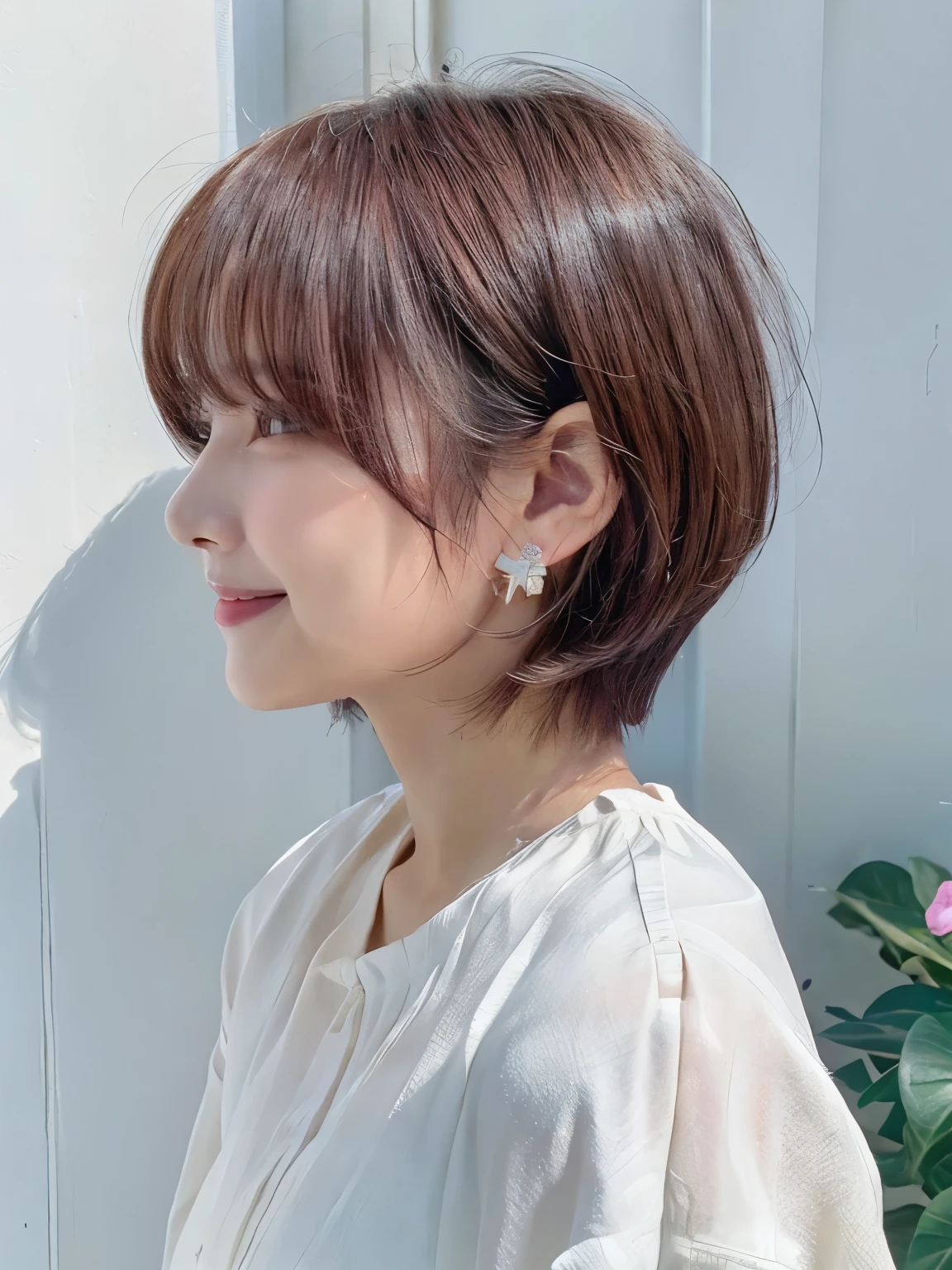 white wall、Taken in front of the white door、(窓のあるwhite wallの部屋)、(8K、RAW photo、highest quality、masterpiece:1.2)、High-definition RAW color photo、professional photos、(realistic、フォトrealistic:1.37)、Shot in natural light、1 girl、laughter、Versatile poses、Spring clothes、 necklace、(Beautiful profile:1.3)、Don't look at the camera、profile、shortcut、short hair、Shot in natural light、Dark pink hair color、earrings、Blouses in pastel colors、smile