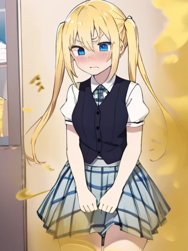 1 girl, (Chiquita:1.2), Kaho Hinata, twin tails, big breasts, fart、shyness、blush、girl's room、Gray vest、black inner、green and blue plaid skirt、blue eyes、blonde、Gas comes out of the butt、Feeling like diarrhea、have a skirt、Get angry
