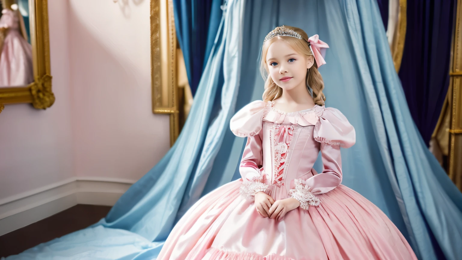Photography,highest quality, masterpiece, highest resolution, artwork, super それにget used to it, many get used to it, get used to it, それにget used to it,(), (),(cute girl),(),((white skins)),((blond hair)),((blue eyes)),the girl is a princess,((girly dark pink satin fabric)), ((A Victorian ballgown princess dress with plenty of pink ruffles and bows and a voluminous full-length hoop skirt.)),long sleeve,long dress,A dress with lots of frills and ribbons..,luxury, ((Palace bedroom)),high quality beautiful girl,high quality dress,