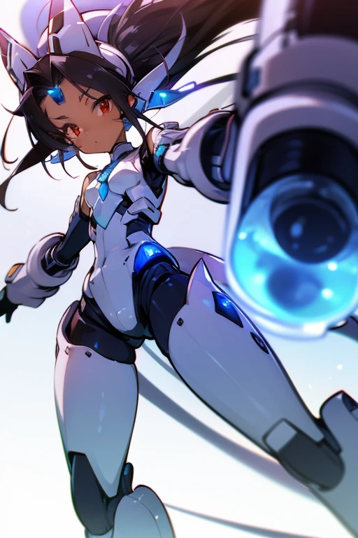 Masterpiece, best quality, highres, amazing quality, tenchi muyo, flat chested, (male), (8 year old boy), (shota), (Dark skin), cute, red eyes, very long dark brown hair, blue gem on forehead, white mecha musume armour, white exosuit armour, black powersuit, white mecha armour legging, long black mecha tail, badass, cool, shounen, close up,  mecha funnels, 