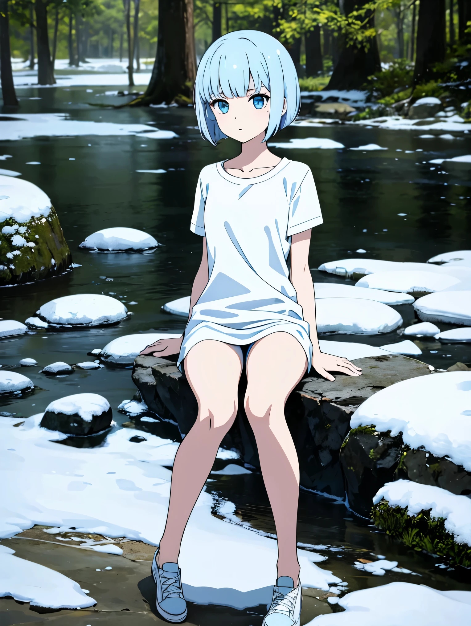 outdoors, snow forest, full_body, blue palete, absurdres, high quality, highres BREAK 1girl, solo, super pale skin, life-size-body, young, thin, skinny, light blue hair, bangs, bobcut, detailed face BREAK plain white t-shirt, blue denim short, all-white shoes
