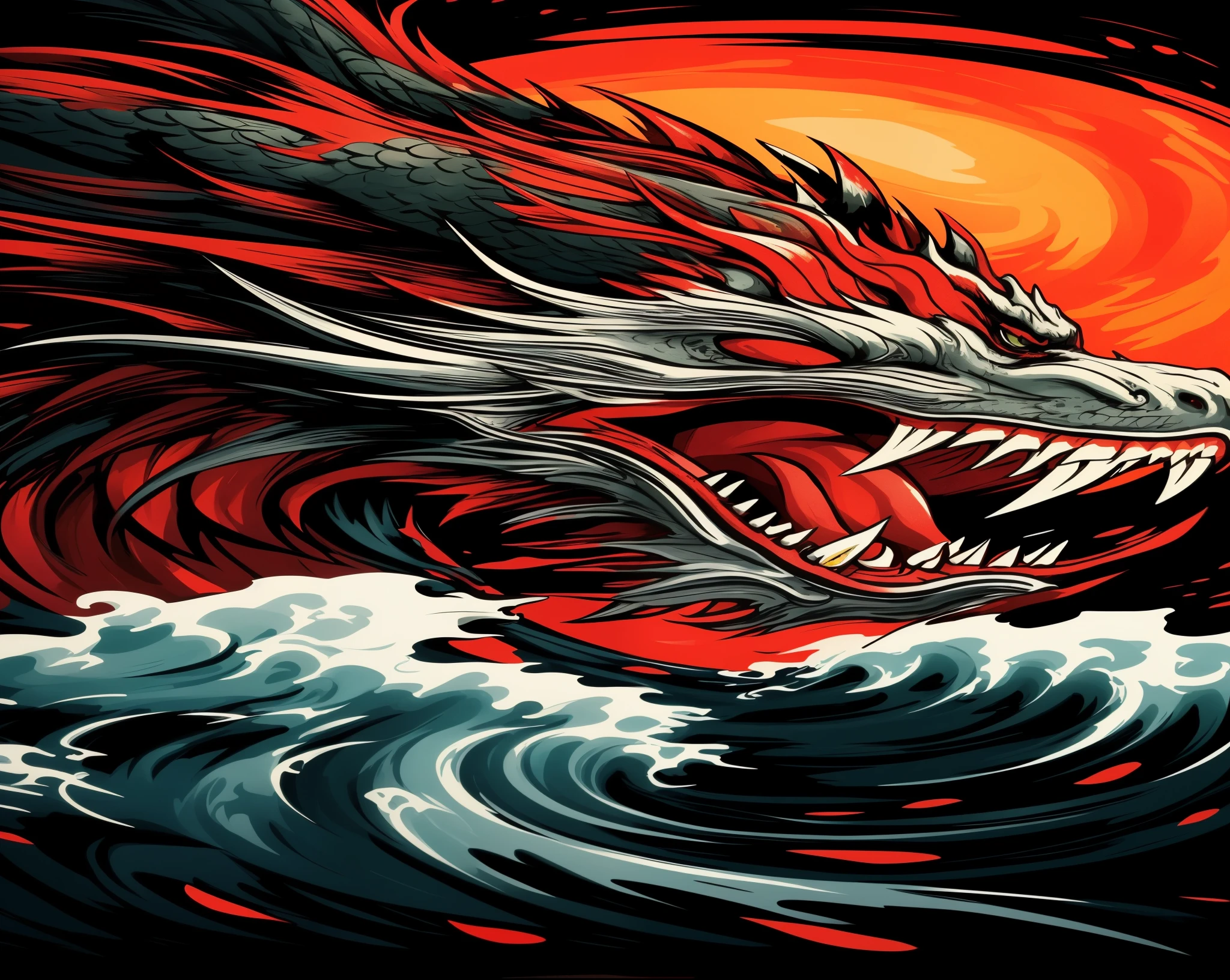 a red dragon is riding a wave in the ocean, majestic japanese dragon, chinese dragon concept art, dragon art, highly detailed vector art, red dragon, chinese dragon, digital painting highly detailed, striking detailed artstyle, colossal dragon as background, oil painting of dragon, smooth chinese dragon, detailed digital artwork, official artwork, detailed digital art, detailed art