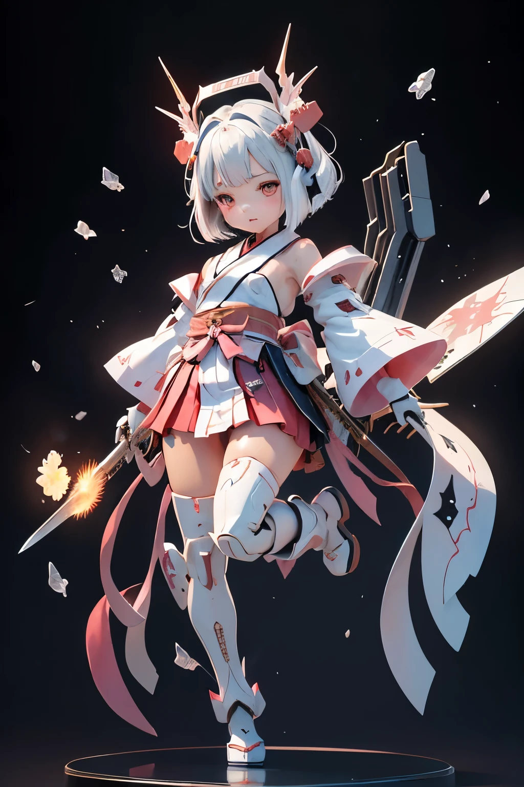 (highest quality)), ((masterpiece)), (very detailed: 1.3), 3D, {(japanese young girl)}, white theme, (ware a scarlet hakama:1.2), wear shrine maiden anime costume, (She is fused with futuristic Gundam mecha:1.2), with headgear, with v-fin , armored shoulders,armored under arms, armored under legs, (holding a Japanese sword in the right hand:1.2), multilayer textureperfect proportions, octane rendering, duotone lighting, Low ISO, wide aperture, White balance, Rule of thirds, ultra HD16k, HDR (High Dynamic Range), Ray Tracing, NVIDIA RTX, Super Resolution, Subsurface Scattering, PBR Texturing, Post Processing, Anisotropic Filtering, Depth of Field, Maximum Clarity and Clarity, High efficiency subpixel, subpixel convolution, particles of light, light scattered, Tyndall effect, full body:1.5, battle pose, cute, (cute:1.2), (bob cut:1.3),三つ編み, 黒髪, 太い眉毛, 薄い色の虹彩, 大きくて輝いている黒い瞳, 長いまつげ, 小さく薄い色の自然な唇, (Average face of Japanese idols), (日本人特有の童顔:1.3), (baby face), 広いおでこ:1.2, ふっくらした頬, 小さな顎, visible side boob, broken streets, Broken City,looking at viewer,Focus on the eyes, (完璧な4本の指, 親指1本),