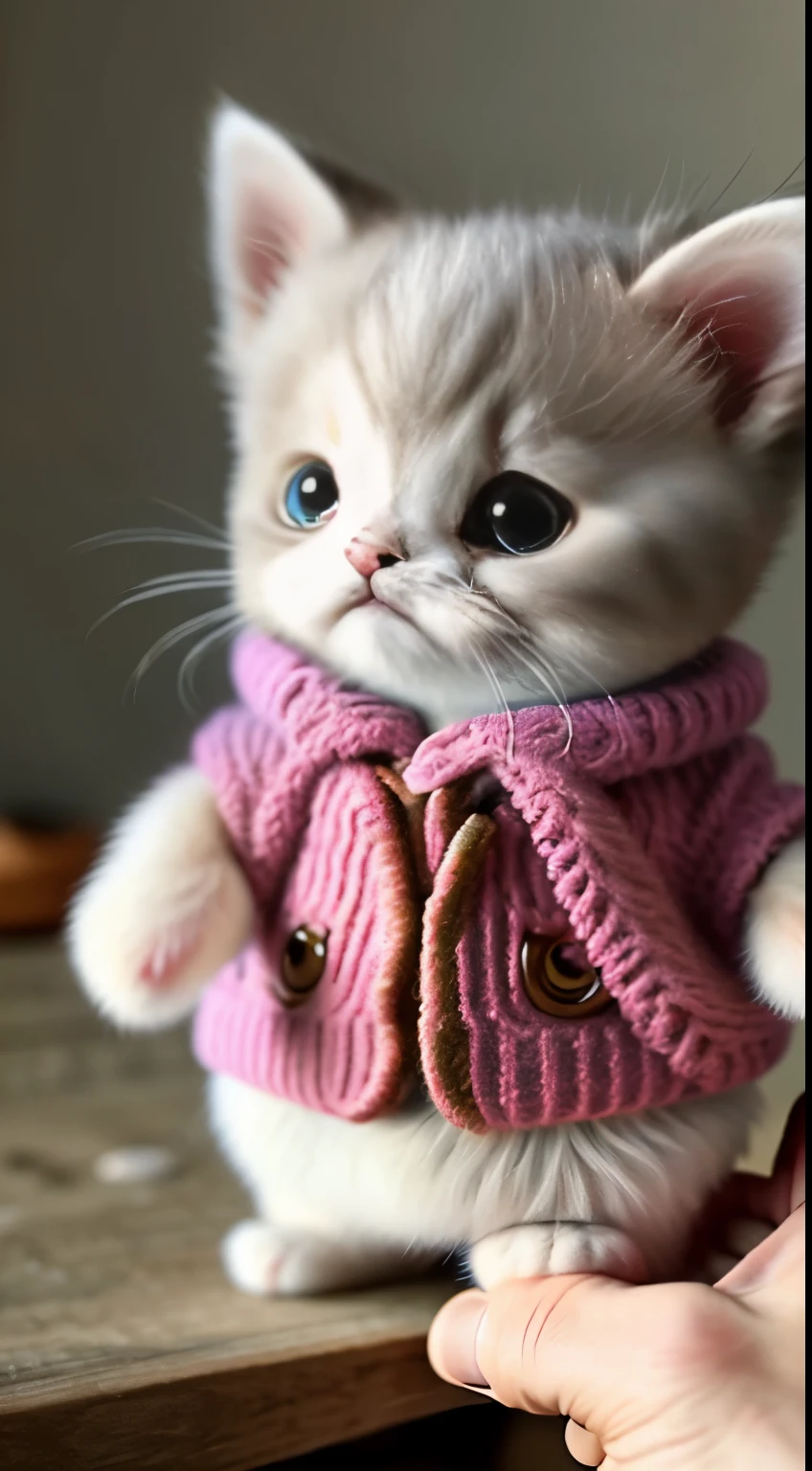 kitten in clothes, miniature kitten, Animal focus, bearded, realistic, POV Hand, ambiguous background,smile,interesting、