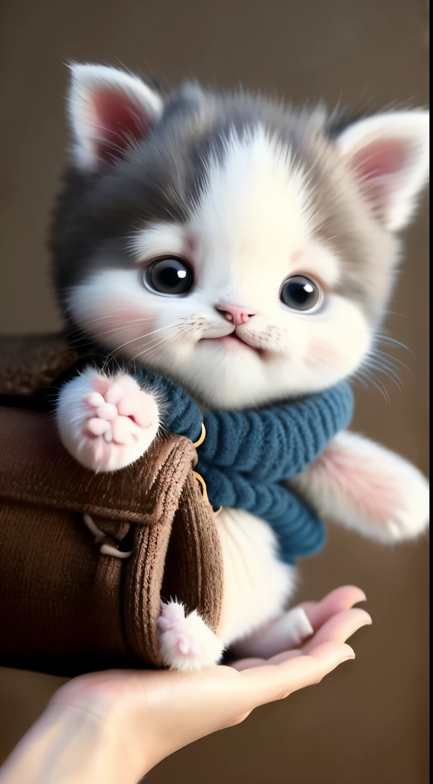 kitten in clothes， miniature kitten， Animal focus， bearded， realistic， POV Hand， ambiguous background，smile，interesting、