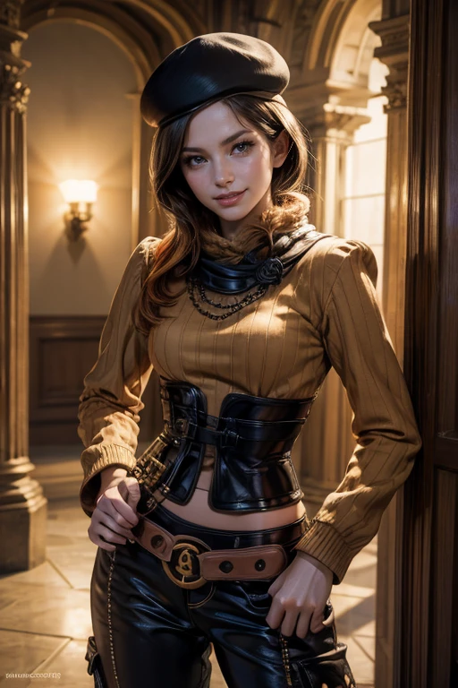 (masterpiece,stunning girlfriend, (standing:1.1), dynamic pose, heart shaped face, elegant face, beautiful face, highly detailed face, highly detailed skin, skin pores, subsurface scattering, realistic pupils, loving smile, looking at viewer, full face blush, full lips, detailed background, depth of field, atmospheric perspective, volumetric lighting, sharp focus, absurdres, realistic proportions, good anatomy, (realistic, hyperrealistic:1.4), 16k hdr, (masterpiece, best quality:1.2), cowboy shot, solo, 1girl, coco adel, grin, looking at viewer, hand on hip, beret, orange sweater, corset, black gloves, pants, jewelry, belt, bandolier, night, moon, standing in castle, crowds wearing armour, ((sfw))