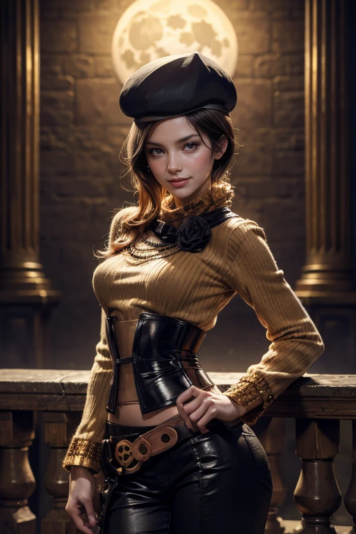 (masterpiece,stunning girlfriend, (standing:1.1), dynamic pose, heart shaped face, elegant face, beautiful face, highly detailed face, highly detailed skin, skin pores, subsurface scattering, realistic pupils, loving smile, looking at viewer, full face blush, full lips, detailed background, depth of field, atmospheric perspective, volumetric lighting, sharp focus, absurdres, realistic proportions, good anatomy, (realistic, hyperrealistic:1.4), 16k hdr, (masterpiece, best quality:1.2), cowboy shot, solo, 1girl, coco adel, grin, looking at viewer, hand on hip, beret, orange sweater, corset, black gloves, pants, jewelry, belt, bandolier, night, moon, standing in castle, crowds wearing armour, ((sfw))