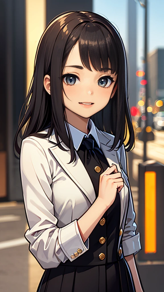 (realistically, masterpiece, 8K HD, Good lighting quality, white collar,business attire, fit snugly on face, intricate details), one,chinese woman, 17 years younger, happy, The smile is bright, Detailed faces, perfect style、combed black hair,white collar,suit,evening,street、The smile is bright, Detailed faces, delicate eyes,