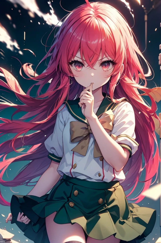 1 girl, cowboy shot, rubble ruins, anger, (Combat readiness:1.2), open your mouth, (night:1.2), Explosive inflammation,Shana, red eyes, redhead, very long hair, hair between eyes, (Ahoge:1.1), , school uniform, serafuku, white shirt, short sleeve, green skirt, Thighhighs, Black rider suit,Left hand flaming Japanese sword,While wiping my mouth with my right hand,highest quality, masterpiece, High resolution, 