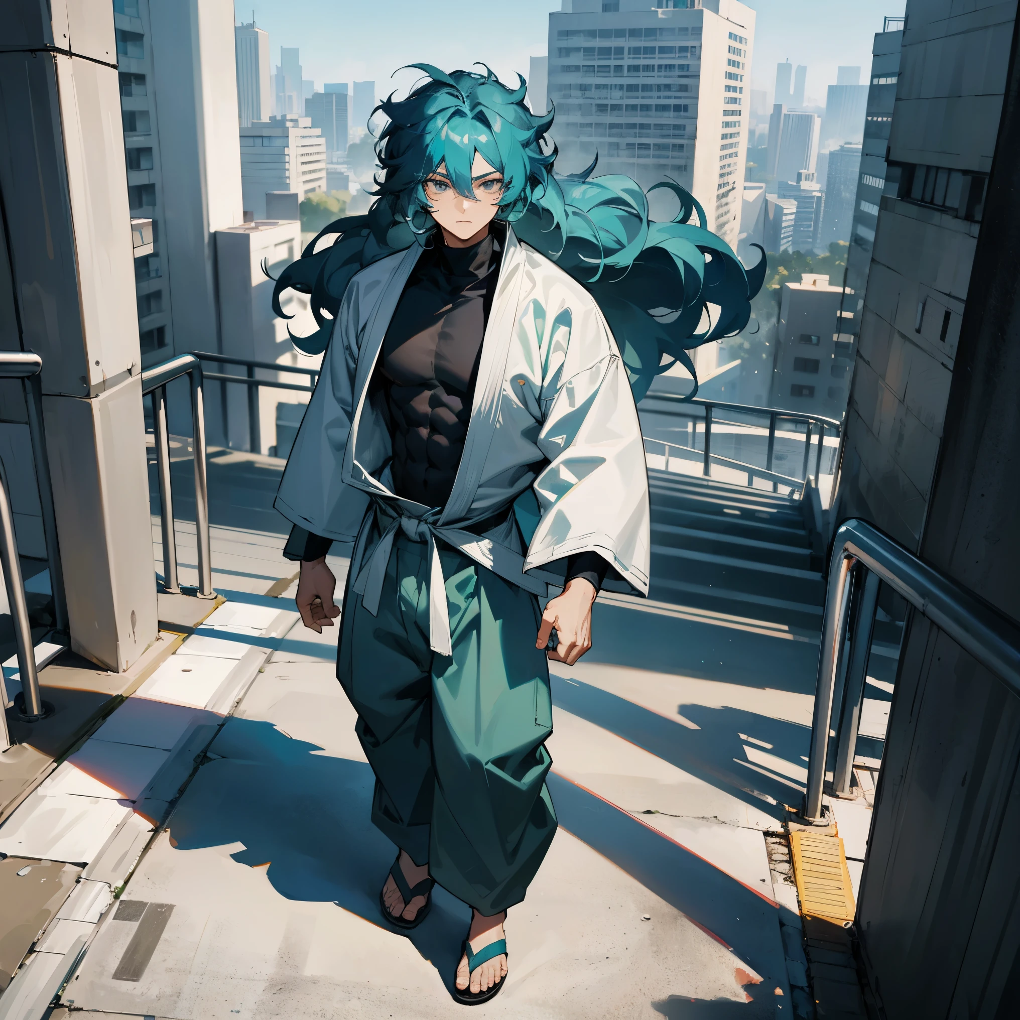 Bright Teal Hair , Wavy Hair , Long Hair , Messy Hair , Spiky Hair , Fitted Black Turtleneck,Baggy White Judo Gi,Grey Baggy Pants,Sandals, Grey Eyes , Standing on Path , Modern City Background , Male , Muscular