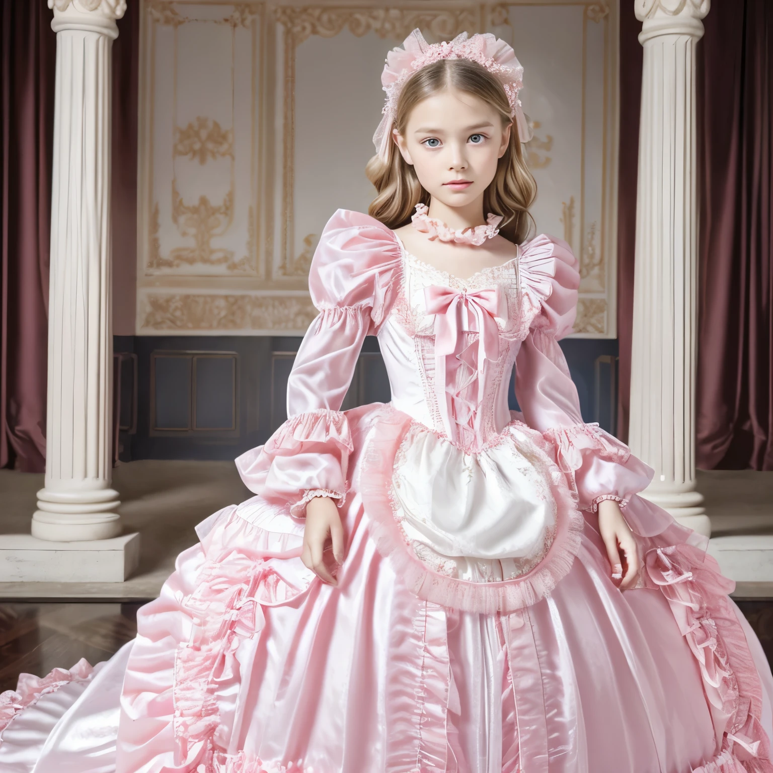 Photography,highest quality, masterpiece, highest resolution, artwork, super それにget used to it, many get used to it, get used to it, それにget used to it,(), (),(cute girl),(),((white skins)),((blond hair)),((blue eyes)),the girl is a princess,((girly dark pink satin fabric)), ((A Victorian ballgown princess dress with plenty of pink ruffles and bows and a voluminous full-length hoop skirt.)),long sleeve,long dress,A dress with lots of frills and ribbons..,luxury, ((Palace bedroom)),canopy princess’s bed,high quality beautiful girl,high quality dress,
