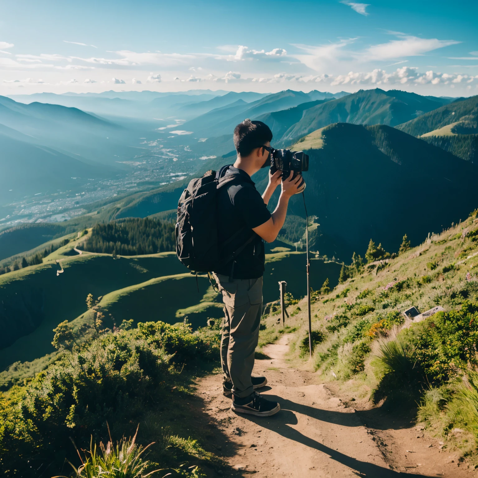 for a man taking a photo at the top of a mountain