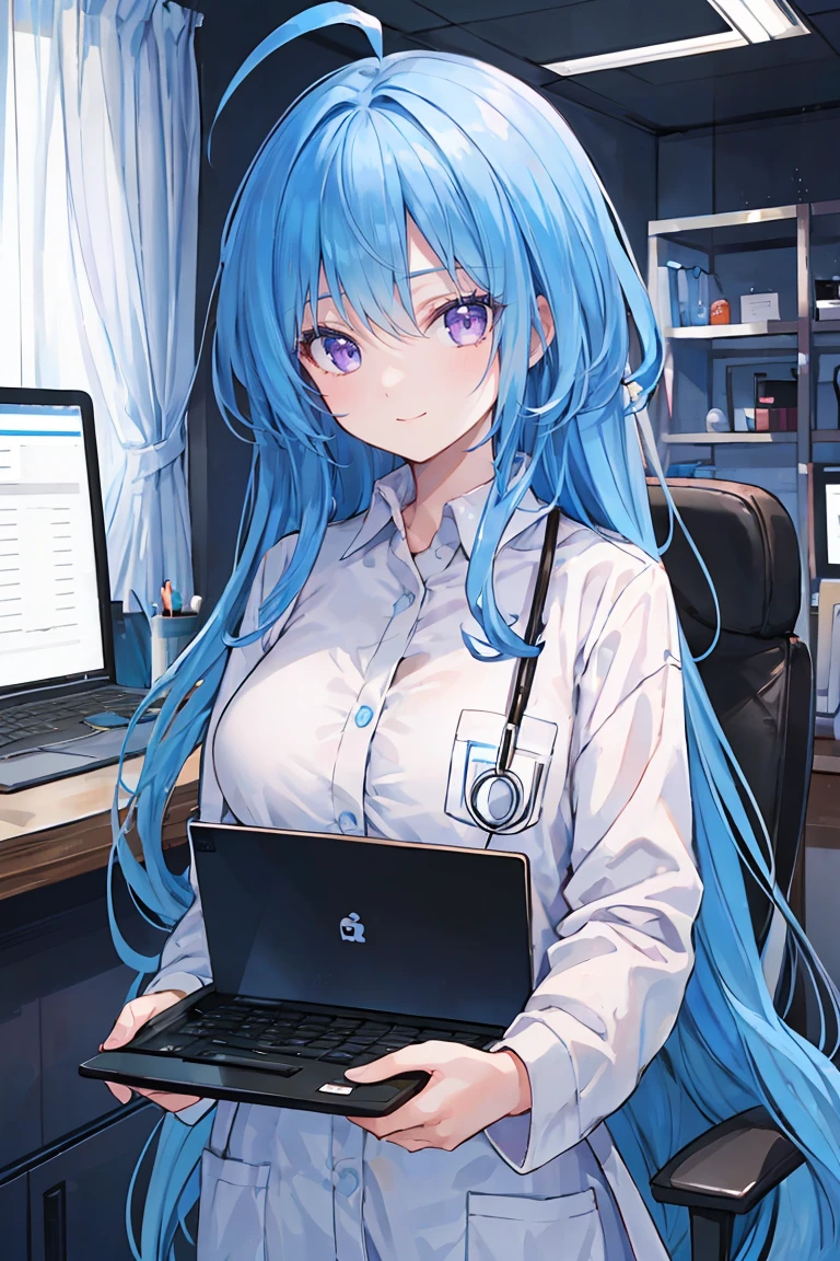 ((8Kmasterpiece,highest quality)), ultra high resolution, (masterpiece: 1.4), hyper detail, 1 female,beautiful and delicate eyes,(purple eyes),Big eyes,shining eyes of light,Thin and long eyelashes,detailed light,beautiful face,Ahoge,((blue hair)),((straight long hair)),Cool atmosphere,(female doctor),(white clothes),computer,（hospital),fearless smile,looking at the viewer, slender body,big breasts.cowboy shot