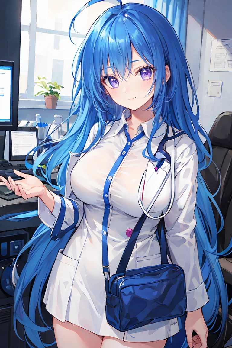 ((8Kmasterpiece,highest quality)), ultra high resolution, (masterpiece: 1.4), hyper detail, 1 female,beautiful and delicate eyes,(purple eyes),Big eyes,shining eyes of light,Thin and long eyelashes,detailed light,beautiful face,Ahoge,((blue hair)),((straight long hair)),Cool atmosphere,(female doctor),(white clothes),computer,(hospital),fearless smile,looking at the viewer, slender body,big breasts.cowboy shot