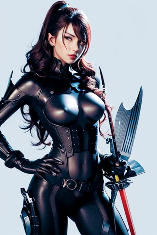a woman with red lipstick has armor on and is holding a sword, kirijou mitsuru, 1girl, solo, hair over one eye, long hair, (((red hair))), (((red eyes))), weapon, rapier, sword, bodysuit, black bodysuit, grey bodysuit, hand on hip, (((large breasts))), ((simple background)), ((white background)), backlight