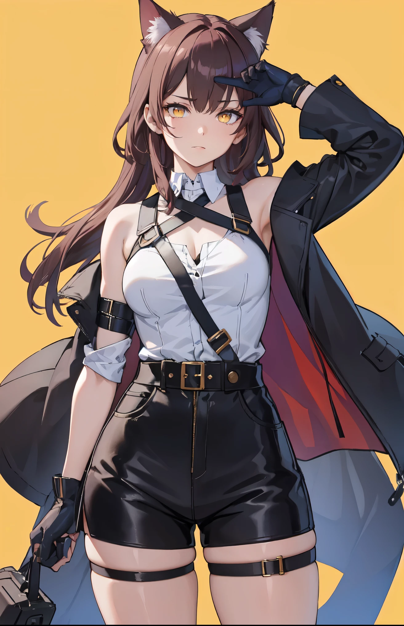 1girl, young woman, solo, long hair, dark blue hai, Cat ears, (forehead:1.2), yellow eyes, sharp ocular posture, light brown skin tone, Athletic, muscular, medium breasts, (cropped jacket, black jacket), white shirt, collared shirt, (chest harness, shoulder strap:1.15), black leather shorts, pantyhose 7/8, garter belt, gloves, elegant, looking at viewer, standing, mustard color background, masterpiece, best quality, 4k