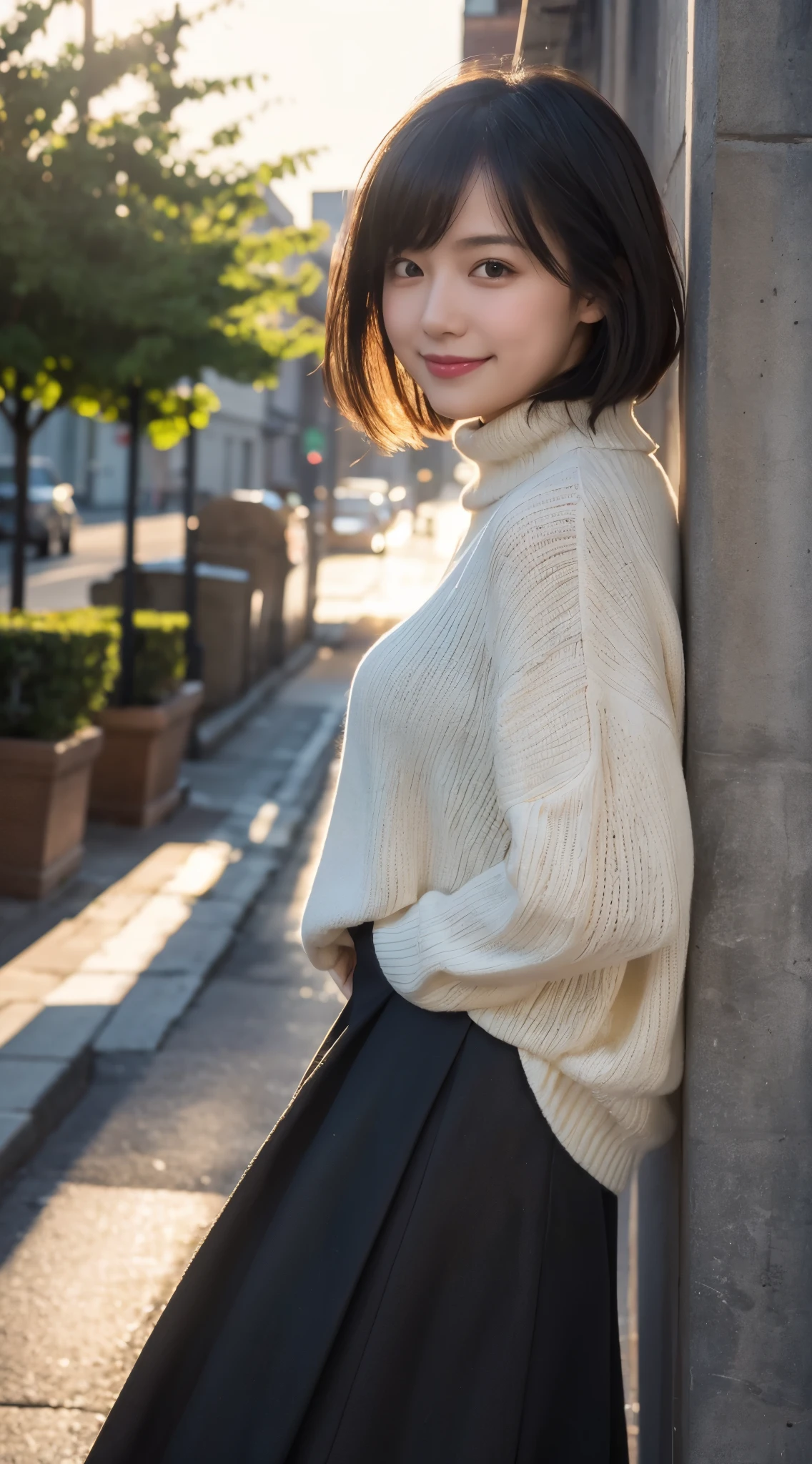 (highest quality,masterpiece:1.3,ultra high resolution),(Super detailed,caustics,8K),(photorealistic:1.4,RAW shooting),at dusk,warm light,Backlight,Vivid,Lens flare,street,24-years-old,cute,Japanese,black short hair,best smile,big ,Down coat,turtleneck sweater,long skirt,Low position,Low - Angle,Natural light