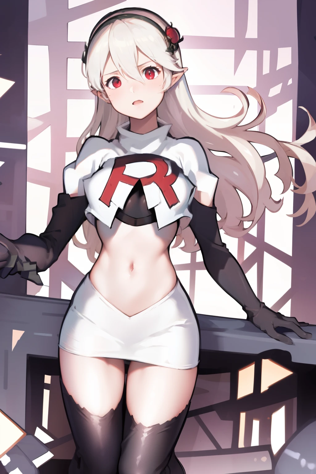 masterpiece, best quality, respCorrin, hair ornament, rose, team rocket,team rocket uniform, red letter R, white skirt,white crop top,black thigh-highs,black elbow gloves