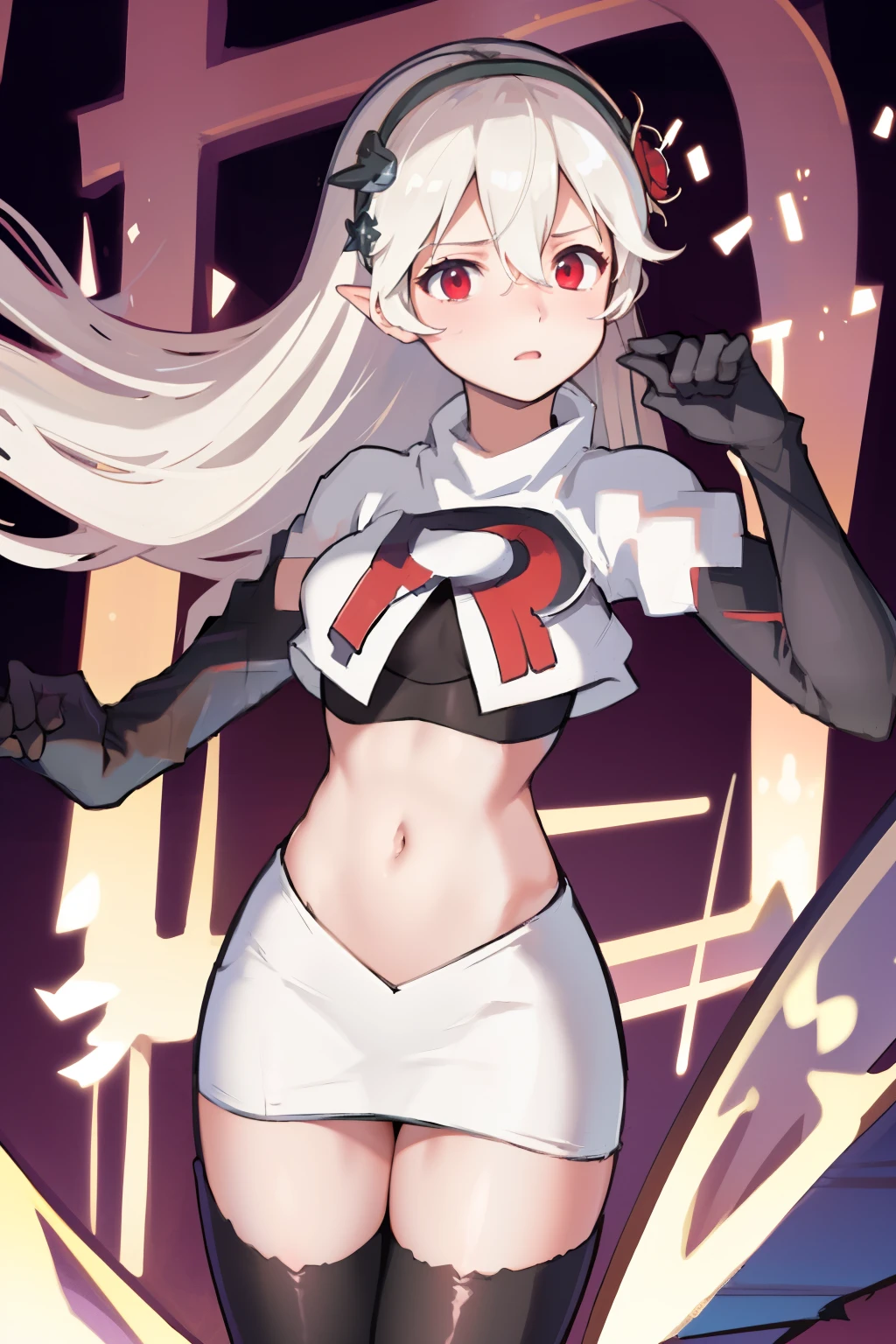 masterpiece, best quality, respCorrin, hair ornament, rose, team rocket,team rocket uniform, red letter R, white skirt,white crop top,black thigh-highs,black elbow gloves