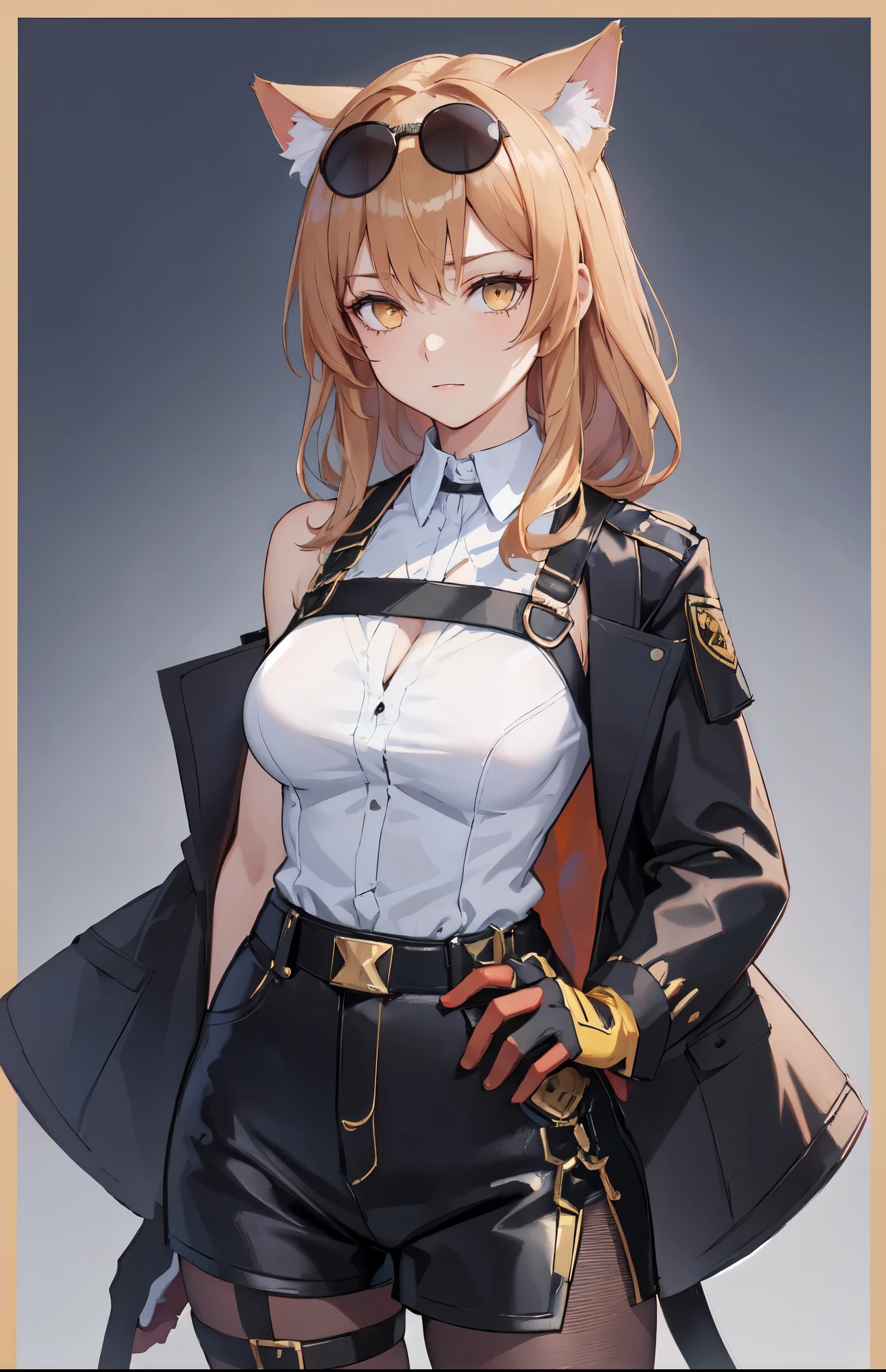 1girl, young woman, solo, long hair, dark blue hai, Cat ears, (forehead:1.2), yellow eyes, sharp ocular posture, light brown skin tone, Athletic, muscular, medium breasts, (cropped jacket, black jacket), white shirt, collared shirt, (chest harness, shoulder strap:1.15), black leather shorts, pantyhose 7/8, garter belt, gloves, elegant, looking at viewer, standing, mustard color background, masterpiece, best quality, 4k