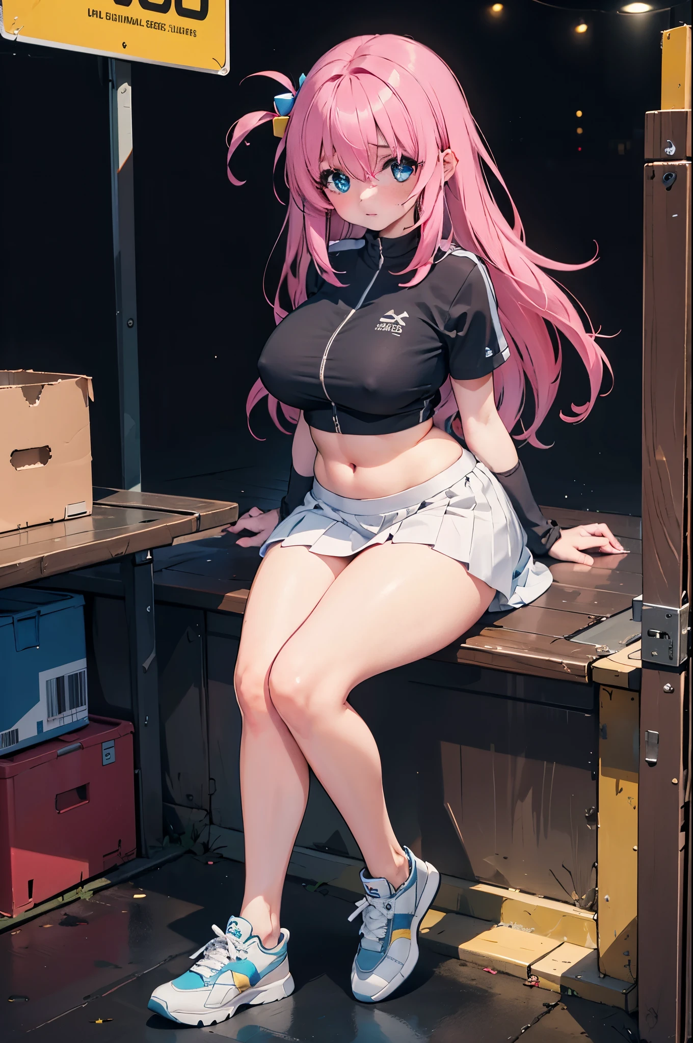 realistic image, coherent image, detailed image, 1 girl, long hair, pink hair, wearing hair accessories with blue and yellow cubes on the right side, light blue eyes, delicate oval face, blushing, wearing a crop top, pleated miniskirt, sports shoes, big breasts, curvy body, thick thighs, shy pose, black background, uniform bottom,