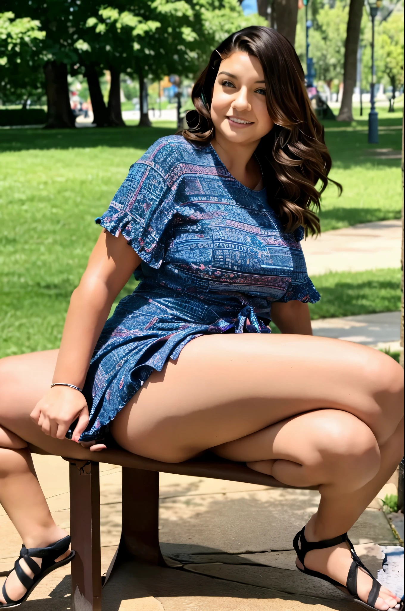 Young woman with three legs, curvy, pretty, age 24, sitting in park, flowing skirt, three legs, crossed legs,