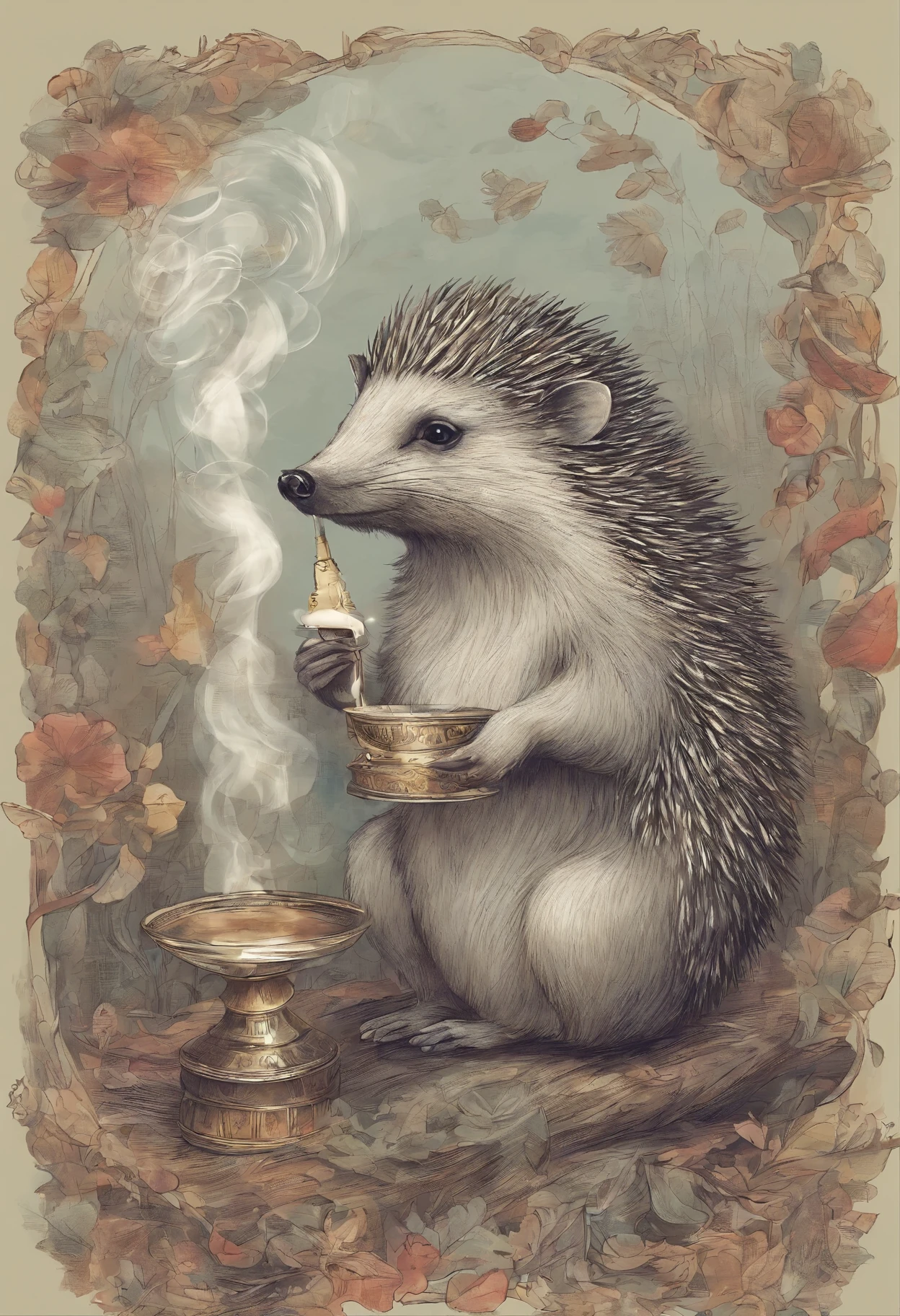 A hedgehog in the fog smokes a hookah and drinks koumiss