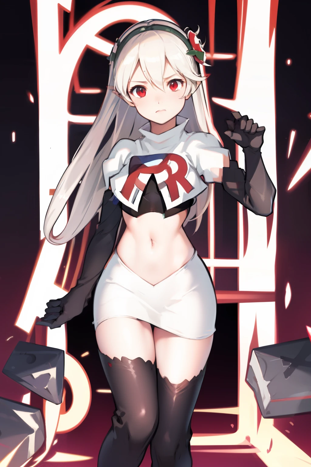 masterpiece, best quality, respCorrin, hair ornament, rose, team rocket,team rocket uniform, red letter R, white skirt,white crop top,black thigh-highs,black elbow gloves