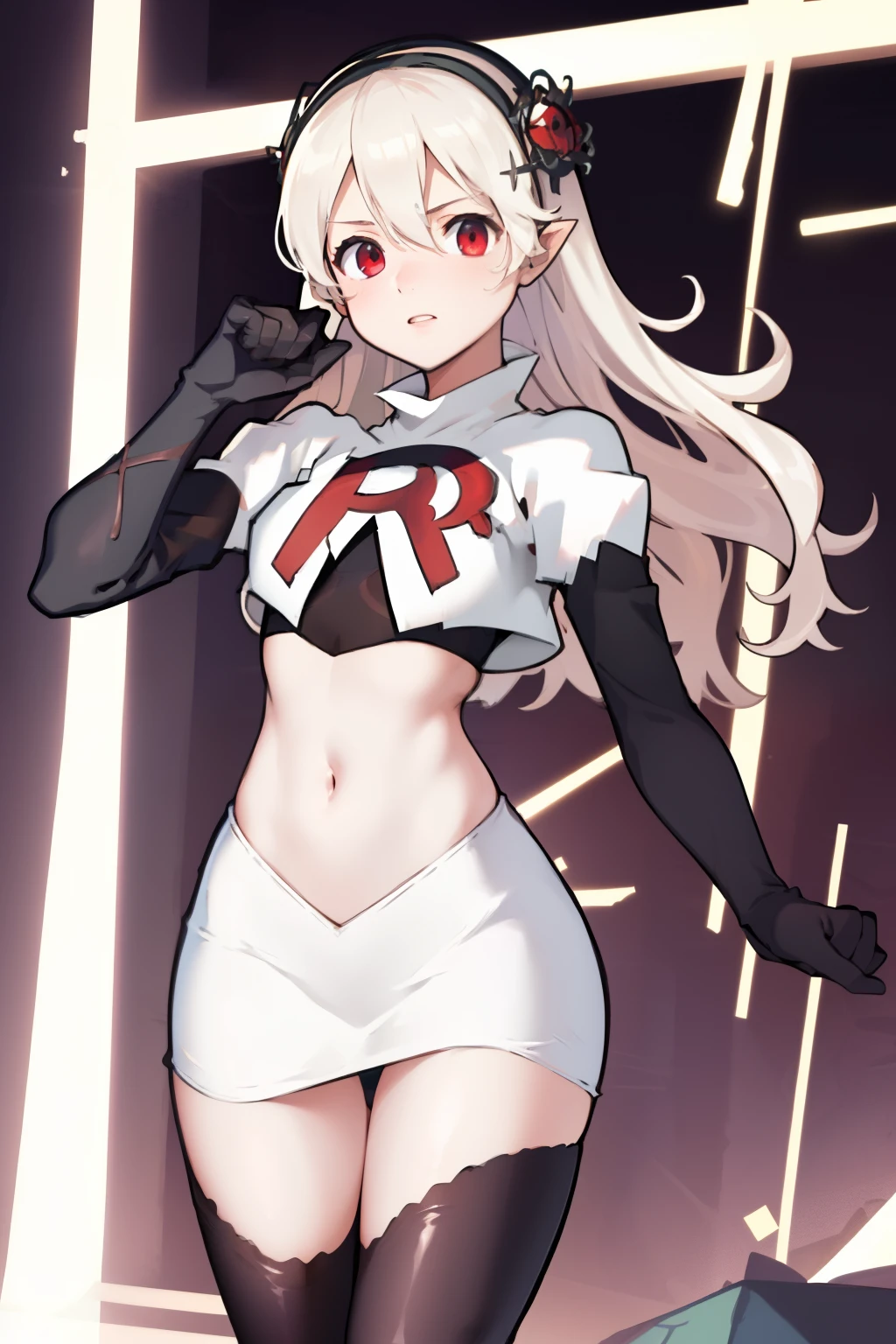 masterpiece, best quality, respCorrin, hair ornament, rose, team rocket,team rocket uniform, red letter R, white skirt,white crop top,black thigh-highs,black elbow gloves