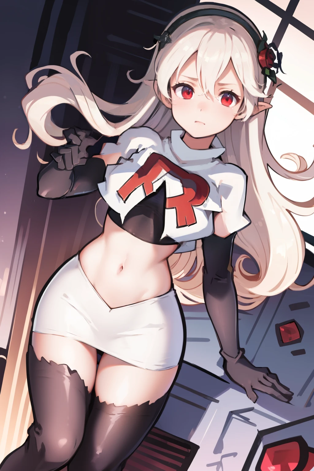 masterpiece, best quality, respCorrin, hair ornament, rose, team rocket,team rocket uniform, red letter R, white skirt,white crop top,black thigh-highs,black elbow gloves