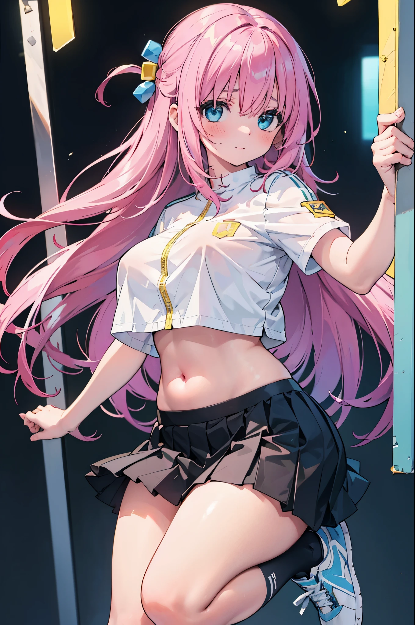 realistic image, coherent image, detailed image, 1 girl, long hair, pink hair, wearing hair accessories with blue and yellow cubes on the right side, light blue eyes, delicate oval face, blushing, wearing a crop top, pleated miniskirt, sports shoes, big breasts, curvy body, thick thighs, shy pose, black background, uniform bottom,