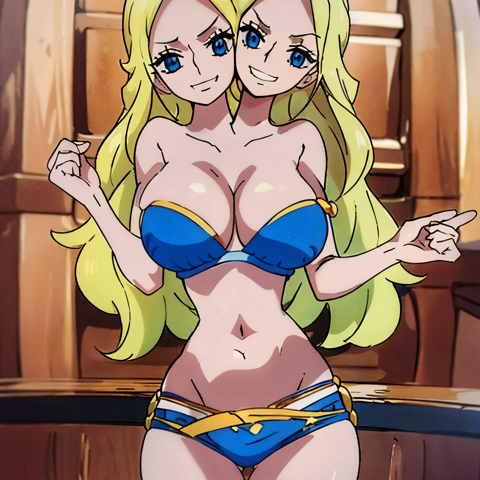(masterpiece),(ultra-detailed), (high quality), (high resolution), (2heads:1.5) (blonde long hair), (huge breasts), cleavage,((best quality:1.5)), (highres, UHD, 4K), smiling, ((blue bikini)), blue mini shorts, detailed blue eyes (mature woman), casual clothes, sexy proportions, (exposed midriff), thighs, Beautiful girl with accentuated slender abs, eyeshadow, ((cowboy shot)), closeup