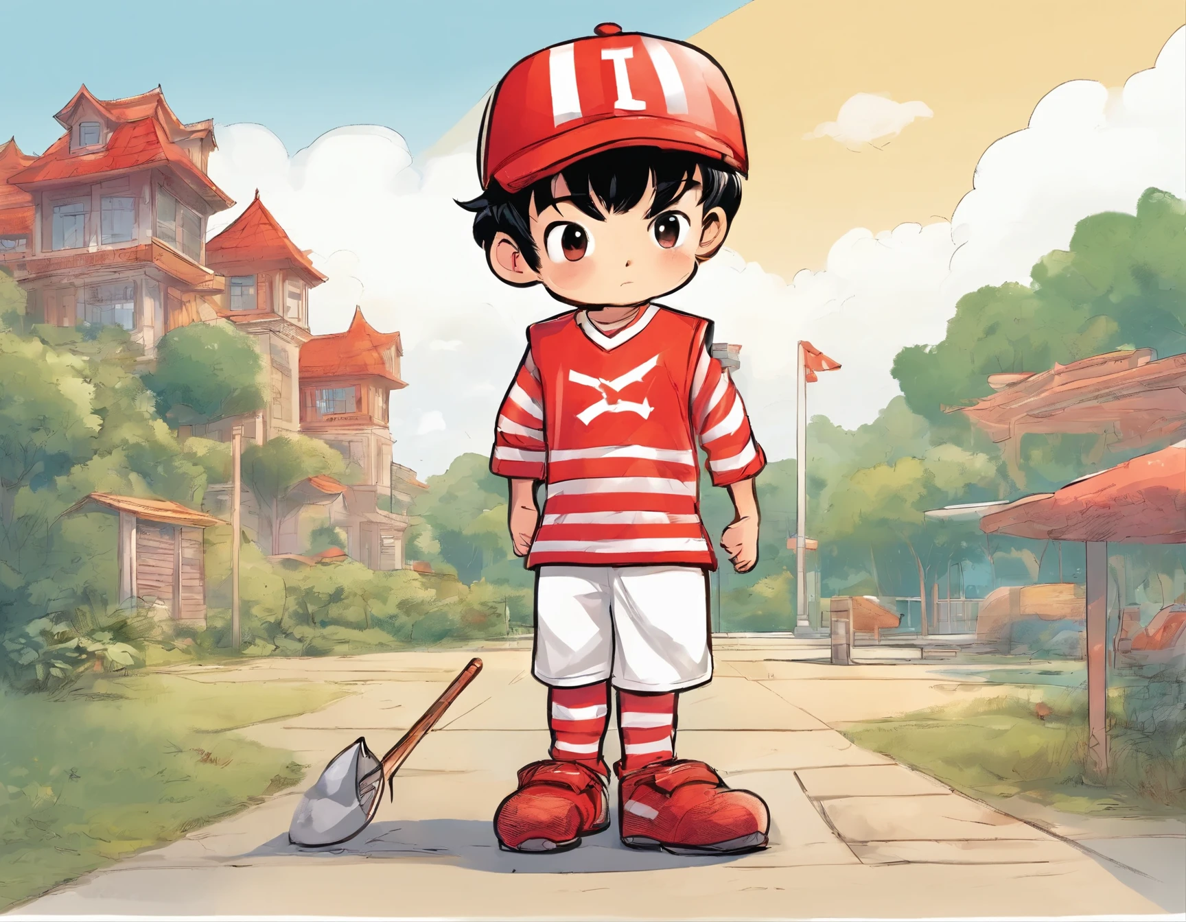 3 year old boy、vertical striped baseball uniform、wearing a hat、Stand up straight、bad mood expression、One Boy、red striped uniform、white background