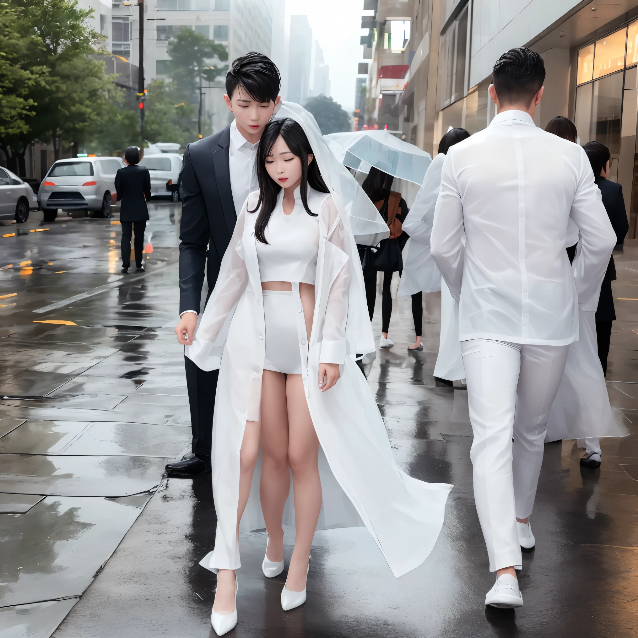 S A pair of men and women in thin white clothes, hit by heavy rain on the street