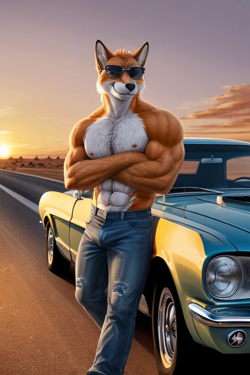 Sunset, in the desert, beautiful, vibrant colors, 1965 Red Ford Mustang, ((detailed car)), outdoors, masterpiece, best quality, ultra detailed, 8k, digital painting \(artwork\), ultra detailed, sharp, focus, highway, road, male, anthro, Orange Fox, furry, standing, leaning against car, wearing sunglasses, arms crossed, smirk, smug, facing viewer (muscular:2.0), muscular arms, attractive, sexy, hairy, hot, detailed fur, orange and white fur, detailed hands, detailed eyes, detailed face, abs, six pack, pecs, topless, wearing pants, denim jeans, ripped, bulge, detailed crotch 
