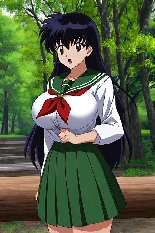 kagome, 1girl, solo, long_hair, looking_at_viewer, open_mouth, black_hair, long_sleeves, brown_eyes, ((large )), school_uniform, standing, cowboy_shot, pleated_skirt, outdoors, sky, day, sailor_collar, tree, neckerchief, green_tiny skirt, forest