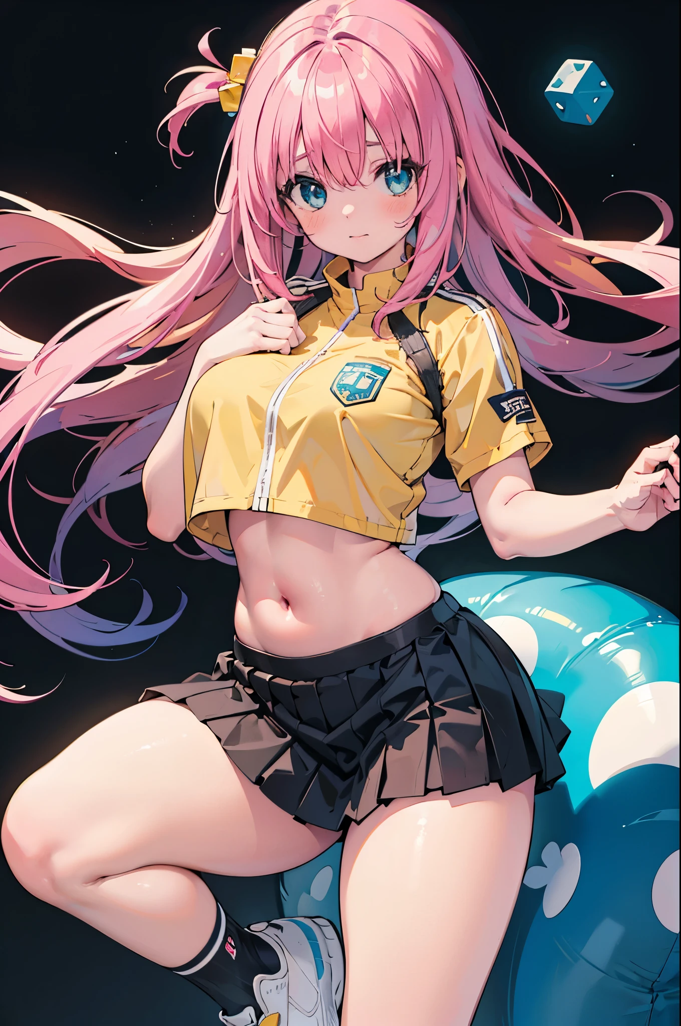 realistic image, coherent image, detailed image, 1 girl, long hair, pink hair, wearing hair accessories with blue and yellow cubes on the right side, light blue eyes, delicate oval face, blushing, wearing a crop top, pleated miniskirt, sports shoes, big breasts, curvy body, thick thighs, shy pose, black background, uniform bottom,