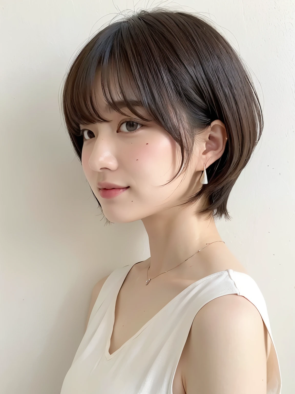 (highest quality、8K、32K、masterpiece、nffsw:1.2)、photo of cute japanese woman、very short bobbed hair、Upper body、surface focus、necklace、From above、don't look at the audience、(realistic、Photoreal:1.37)、1 girl、Shot in natural light、Physically based rendering、excellent image quality、High resolution、1080P、(clean face)、(Detailed facial description)、(detailed description of hands)、(Masseter muscle part)、(Detailed CG)、 extreme light and shadow、masterpiece、rich details、(exquisite features)、(best image quality)、(masterpiece)、(detailed eye)、delicate clavicle、Versatile poses、profile、white wall、Taken in front of the white door、(窓のあるwhite wallの部屋)、earrings、white wall、Taken in front of the white door、(窓のあるwhite wallの部屋)、laughter、Spring clothes、 shortcut、short hair、Dark pink hair color