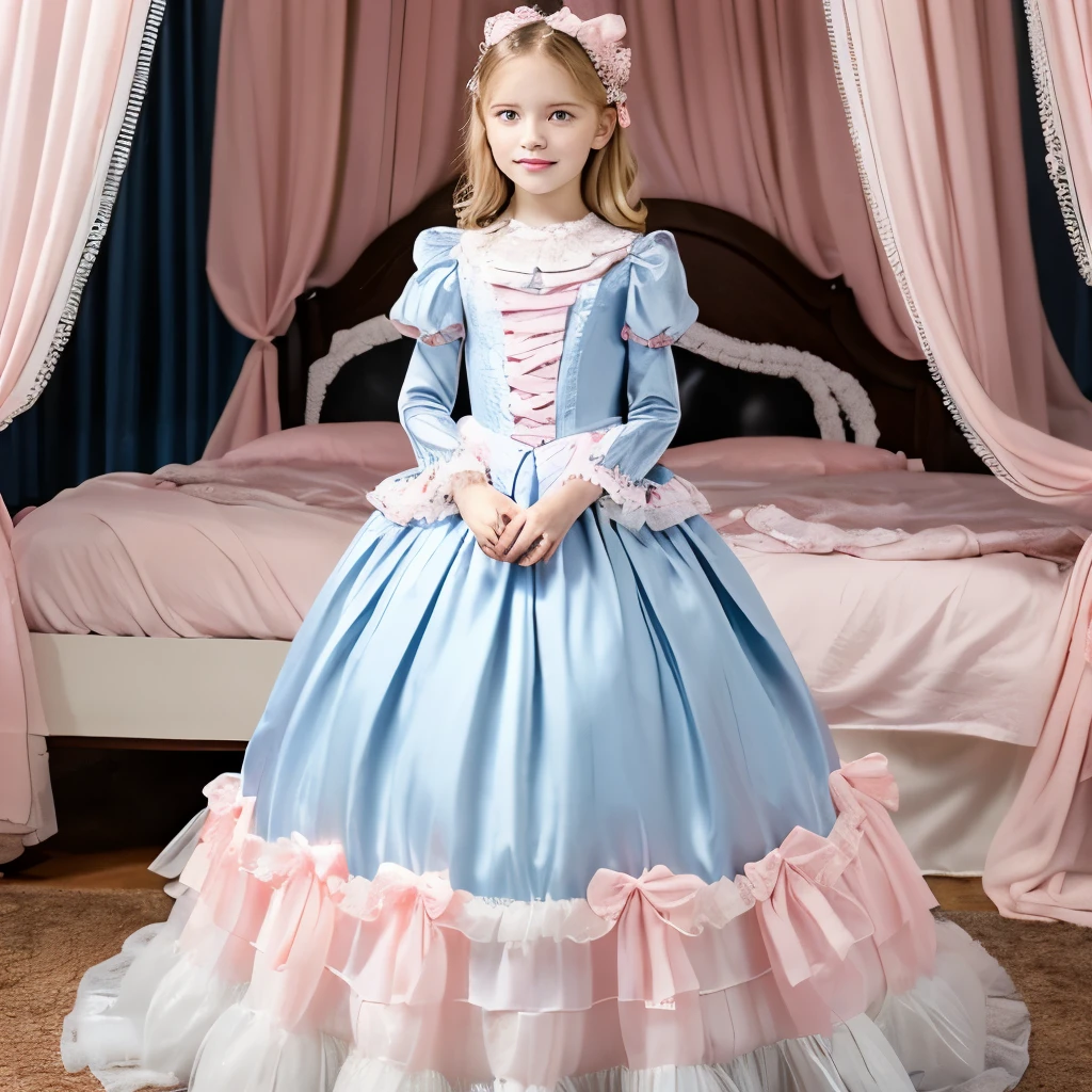 Photography,highest quality, masterpiece, highest resolution, artwork, super それにget used to it, many get used to it, get used to it, それにget used to it,(), (),(cute girl),(),((white skins)),((blond hair)),((blue eyes)),the girl is a princess,((girly dark pink satin fabric)), ((A Victorian ballgown princess dress with plenty of pink ruffles and bows and a voluminous full-length hoop skirt.)),long sleeve,long dress,A dress with lots of frills and ribbons..,luxury, ((Palace bedroom)), ((Huge square victorian canopy king size bed)), high quality beautiful girl,high quality dress,