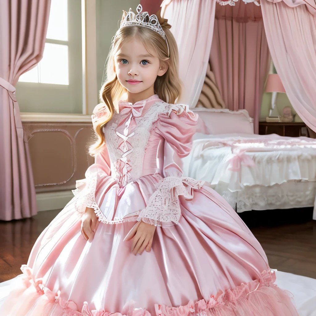 Photography,highest quality, masterpiece, highest resolution, artwork, super それにget used to it, many get used to it, get used to it, それにget used to it,(), (),(cute girl),(),((white skins)),((blond hair)),((blue eyes)),the girl is a princess,((girly dark pink satin fabric)), ((A Victorian ballgown princess dress with plenty of pink ruffles and bows and a voluminous full-length hoop skirt.)),long sleeve,long dress,A dress with lots of frills and ribbons..,luxury, ((Palace bedroom)), ((Huge square victorian canopy king size bed)), high quality beautiful girl,high quality dress,