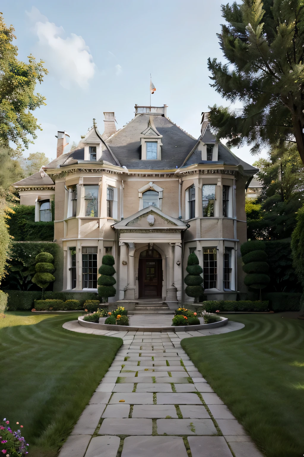 (photorealism), (best quality, masterpiece, full of details), A mansion with two towers, many trees, Colorful garden, flowerpot, old mansion, White Rock Road, green grass, blue sky, Sunlight, Brown brick mansion, ultra high definition