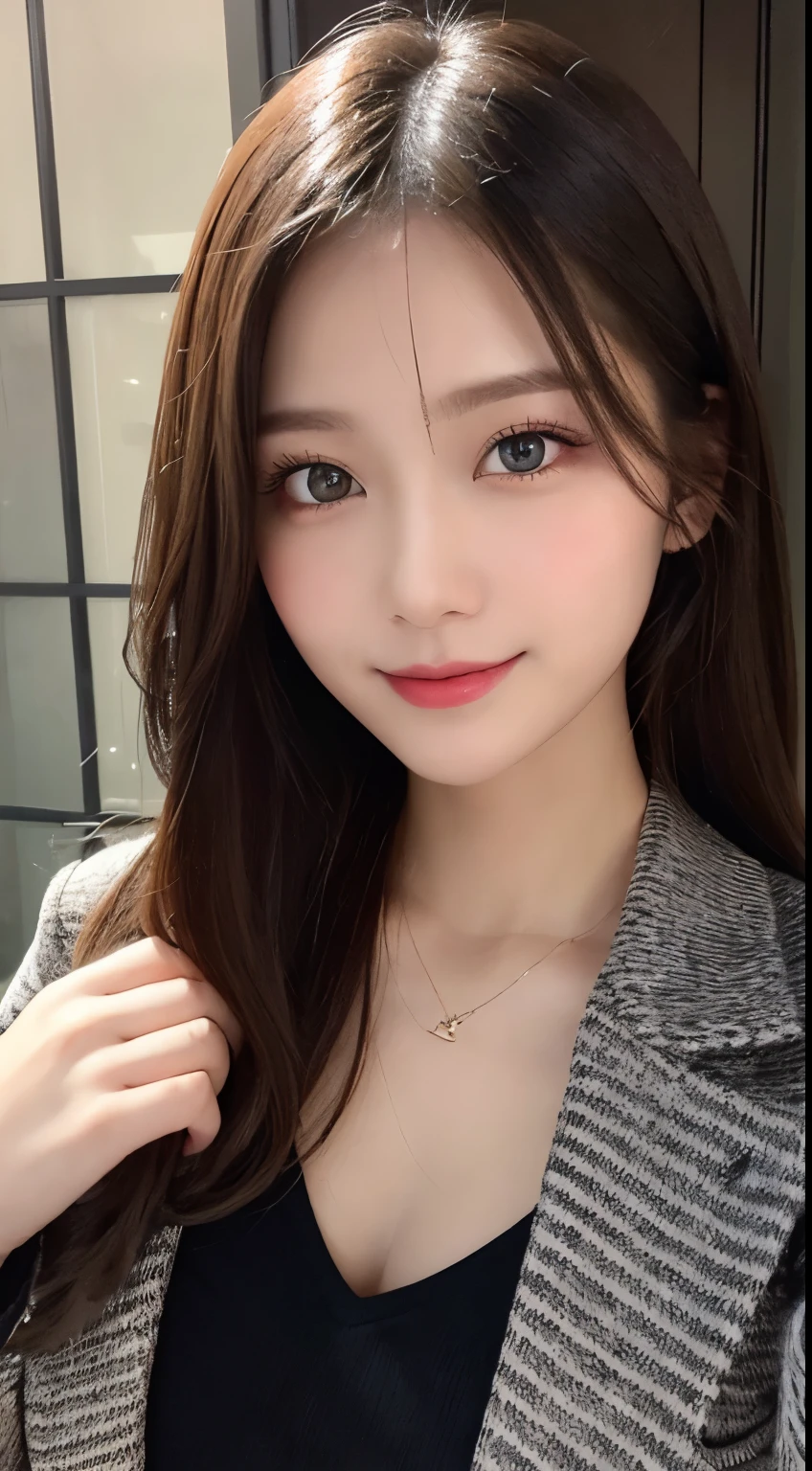 table top, highest quality, shape, Super detailed, finely, High resolution, 8k wallpaper, 完璧なダイナミックな構shape, beautiful and detailed eyes,medium hair,,natural color lip, bold sexy pose,smile、20 year old girl、cute、sexy shot looking at camera,Latest trend Tokyo winter clothes、luxury brand mink coat(black),beautiful detailed face,Beautiful detailed double eyelids,perfect and beautiful face,small face,Big eyes,Slim face and body,Use your whole body to create the most fun and happy poses
