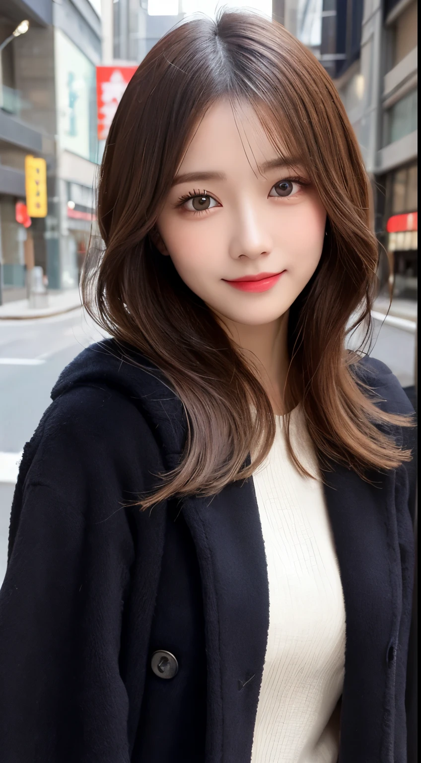table top, highest quality, shape, Super detailed, finely, High resolution, 8k wallpaper, 完璧なダイナミックな構shape, beautiful and detailed eyes,medium hair,,natural color lip, bold sexy pose,smile、20 year old girl、cute、sexy shot looking at camera,Latest trend Tokyo winter clothes、luxury brand mink coat(black),beautiful detailed face,Beautiful detailed double eyelids,perfect and beautiful face,small face,Big eyes,Slim face and body,Use your whole body to create the most fun and happy poses