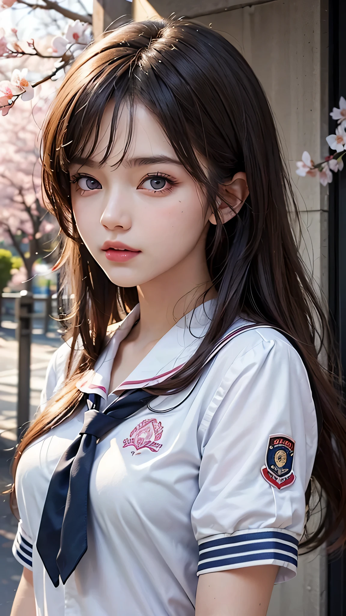 (1young girl), Amazing face and eyes, Pink eyes, (amazingly beautiful girl), (Best Quality:1.4), (Ultra-detailed), (extremely detailed CG unified 8k wallpaper), Highly detailed, High-definition raw color photos, Professional Photography, sailor uniform, school uniform, School, Spring, cherry blossoms,