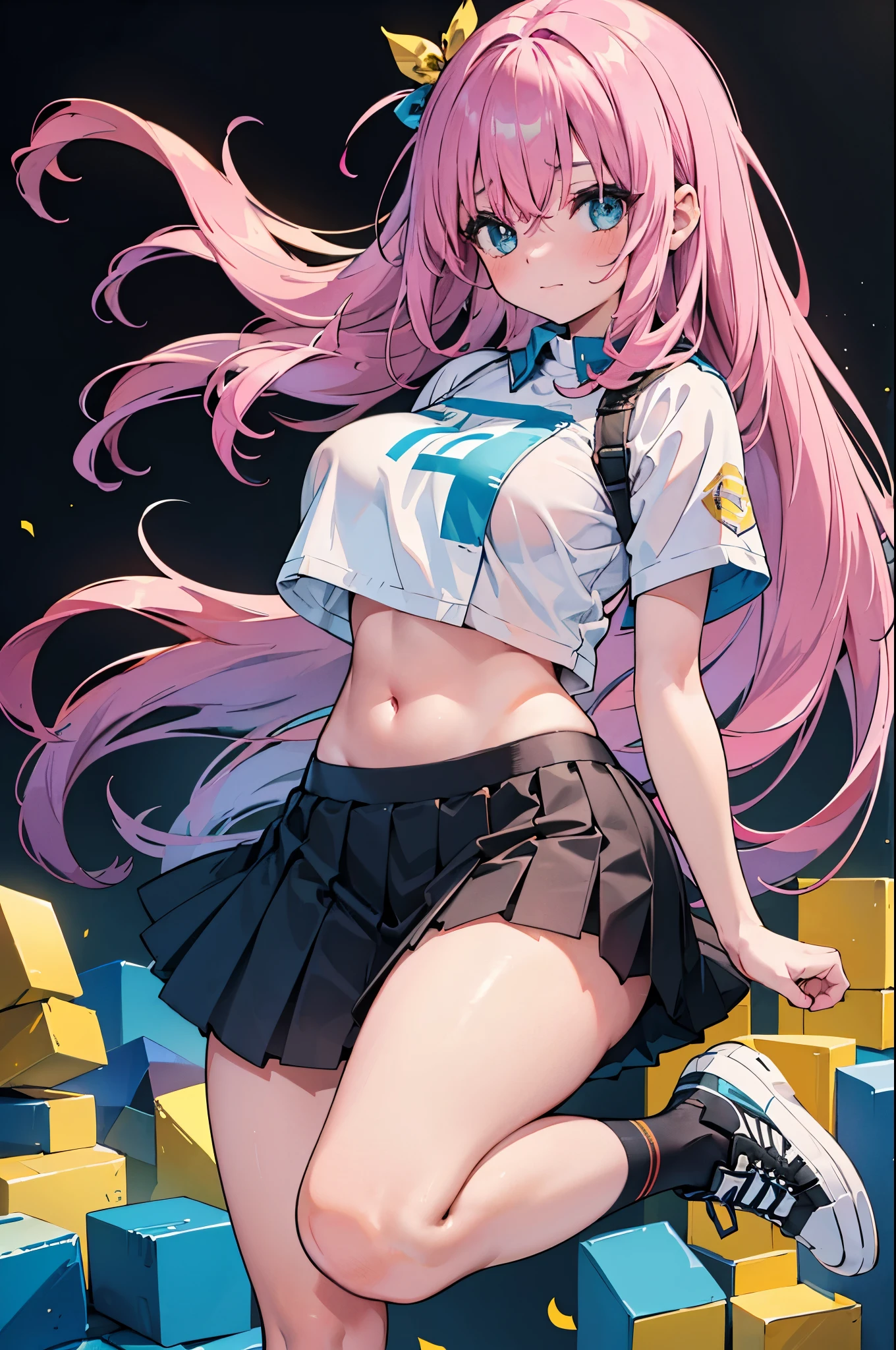 realistic image, coherent image, detailed image, 1 girl, long hair, pink hair, wearing hair accessories with blue and yellow cubes on the right side, light blue eyes, delicate oval face, blushing, wearing a crop top, pleated miniskirt, sports shoes, big breasts, curvy body, thick thighs, shy pose, black background, uniform bottom,